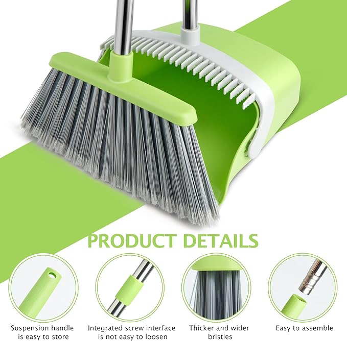Broom and Dustpan Set, Dustpans with Broom Combo for Home, Heavy Dust Broom and Dustpan Combo, Long Handle Dust Pan and Broom Set for Kitchen, Office, Pet Hair(Gray Green)