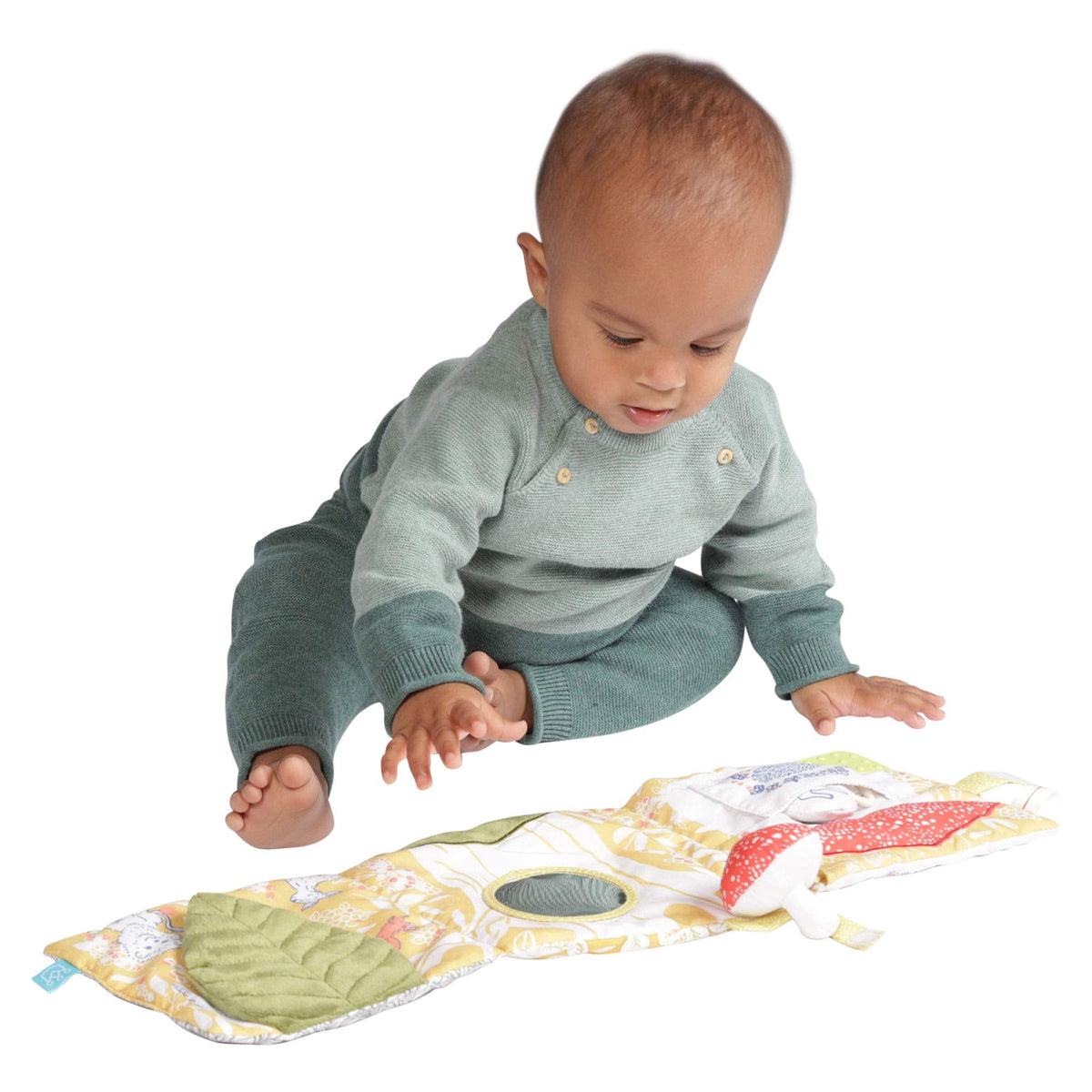 Manhattan Toy Deer One Soft Activity Crinkle Book & Fold Out Pat Mat for Baby, Toddler with Squeaker, Discovery Mirror and Teether