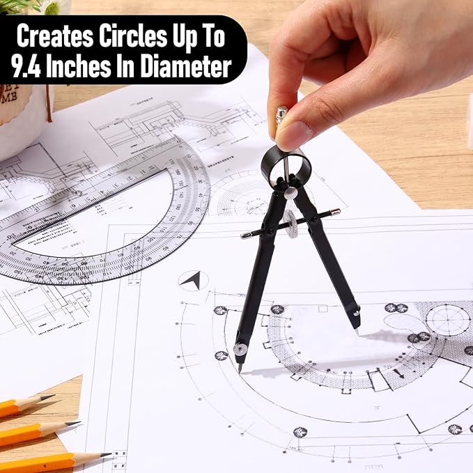 EBOOT Student Geometry Math Set, Drawing Compass and 6 Inch Clear Swing Arm Protractors 180 Degree Math Protractor (Black and Black)