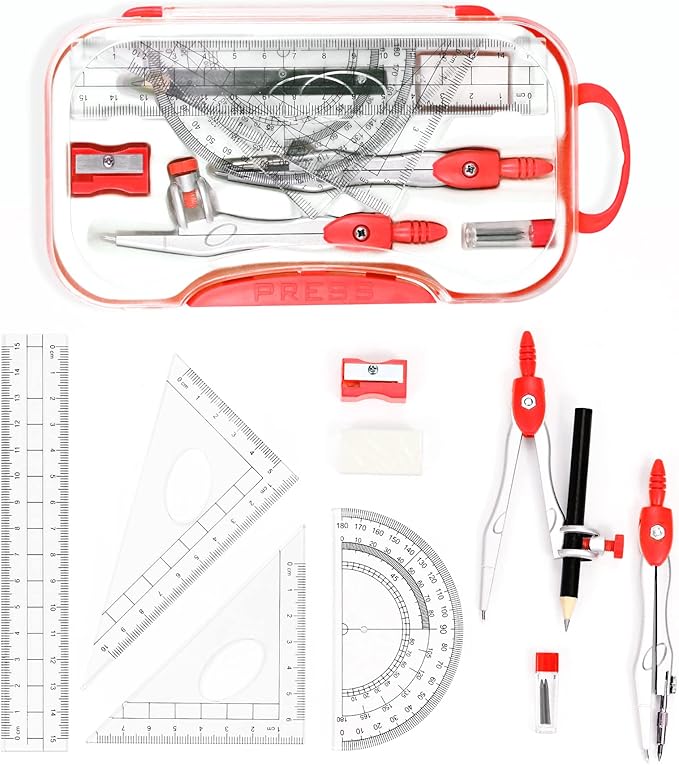 10 Pieces Math Geometry Kit Set Student Supplies with Shatterproof Storage Box,Includes Rulers,Protractor,Compass,Eraser,Pencil Sharpener,Lead Refills,Pencil,for School and Drawings（Red）