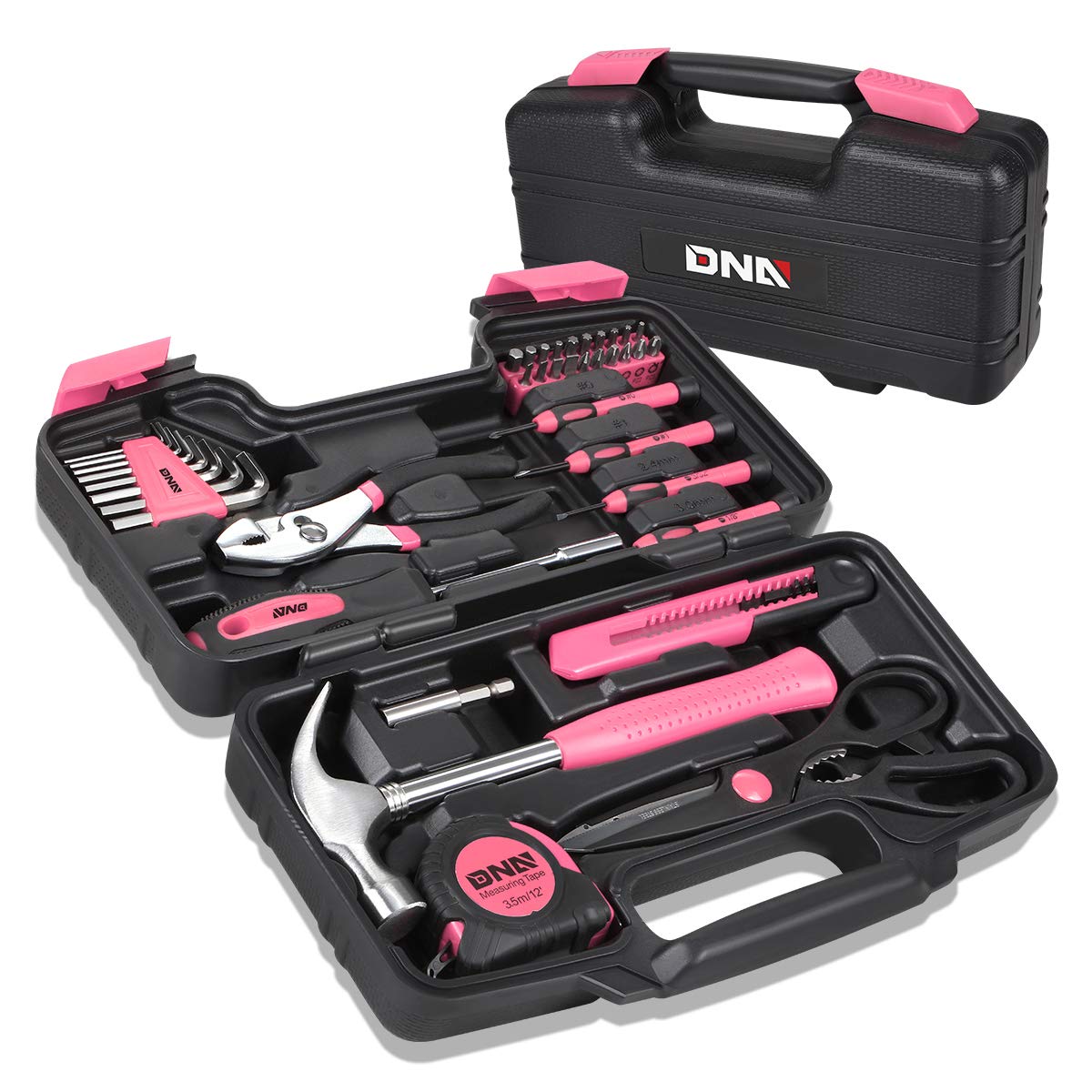 DNA MOTORING 39-Piece Household Tool Set General Repair Small Hand Tool Kit Storage Case for Home Garage Office College Dormitory Use, Pink, TOOLS-00009
