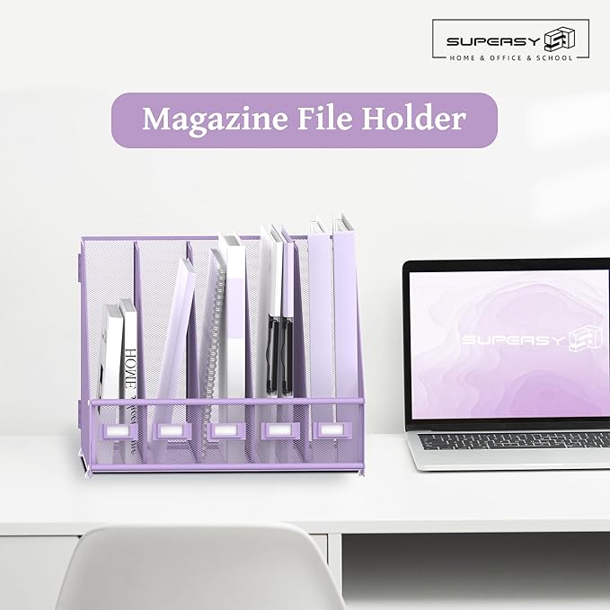 SUPEASY Desk Organizers Metal Desk Magazine File Holder with 5 Vertical Compartments Rack File Organizer for Office Desktop, Home Workspace, Purple