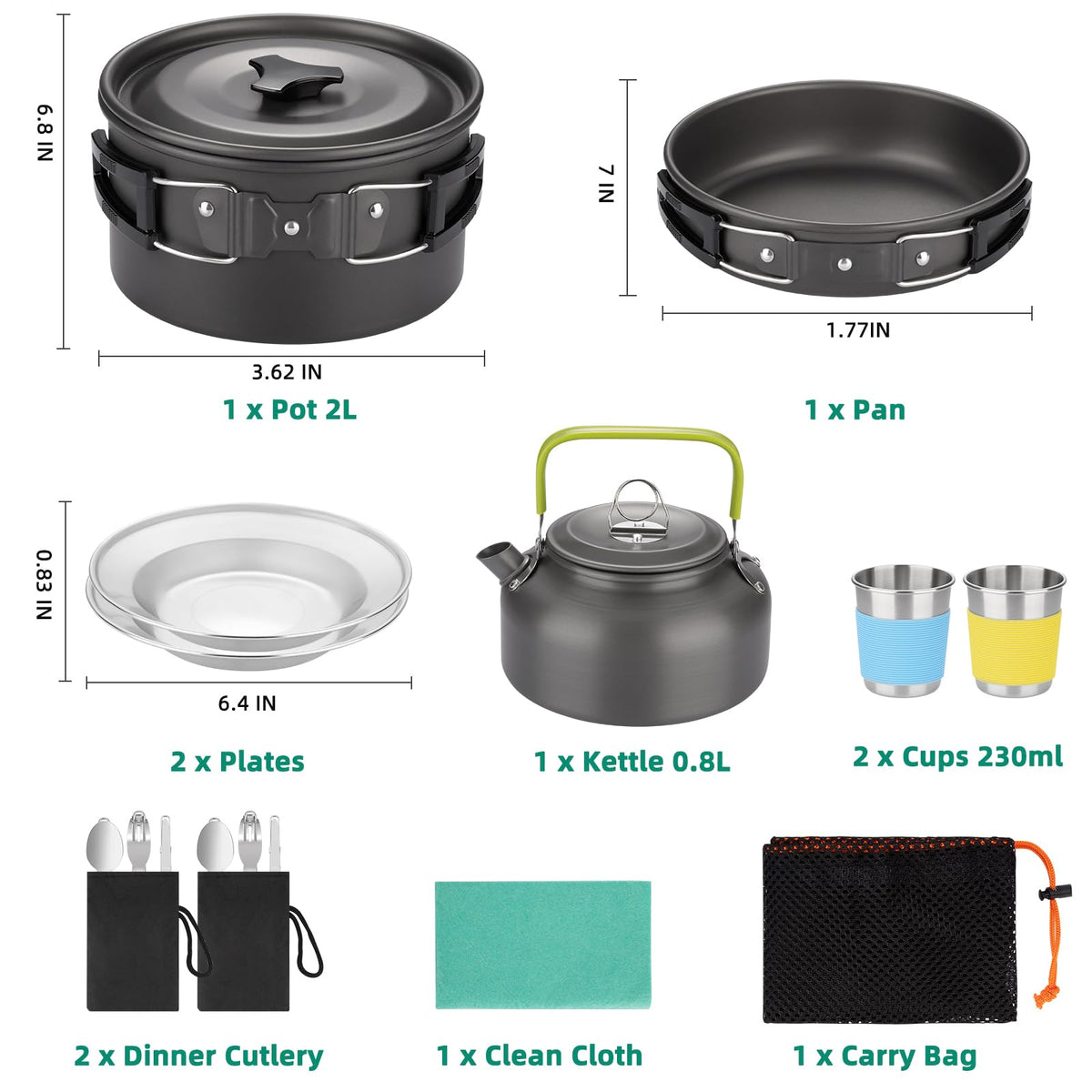 17pcs Camping Cookware Kit, Aluminum Non-Stick Pot, Pan and Kettle Set with 2 Set Stainless Steel Cups Plates Forks Knives Spoons for Backpacking and Hiking Camping