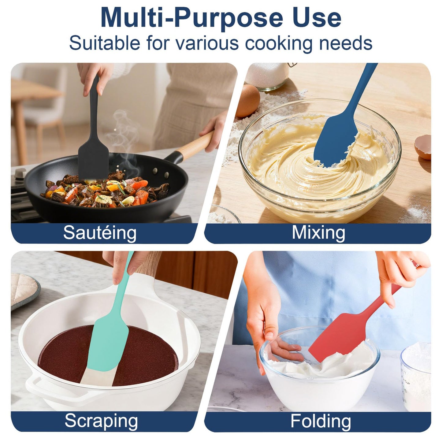 VKIZIKV 4 Pcs Silicone Spatula Set, 11.4 In, 600°F Heat Resistant Rubber Spatulas for Baking, Cooking & Mixing, Flexible and Non-Stick Kitchen Utensils, Seamless & Dishwasher Safe (Multicolor)