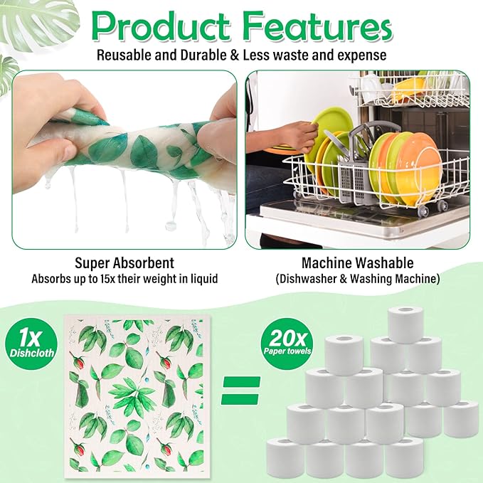 Lucomb 8 Pack Swedish Dish Cloths Washable, Reusable Cleaning Kitchen Paper Towel Sponge Dishcloths, Fast Drying Absorbent Hand Wipes Odorless Tea Towel for Kitchen Home Bar (Plants)