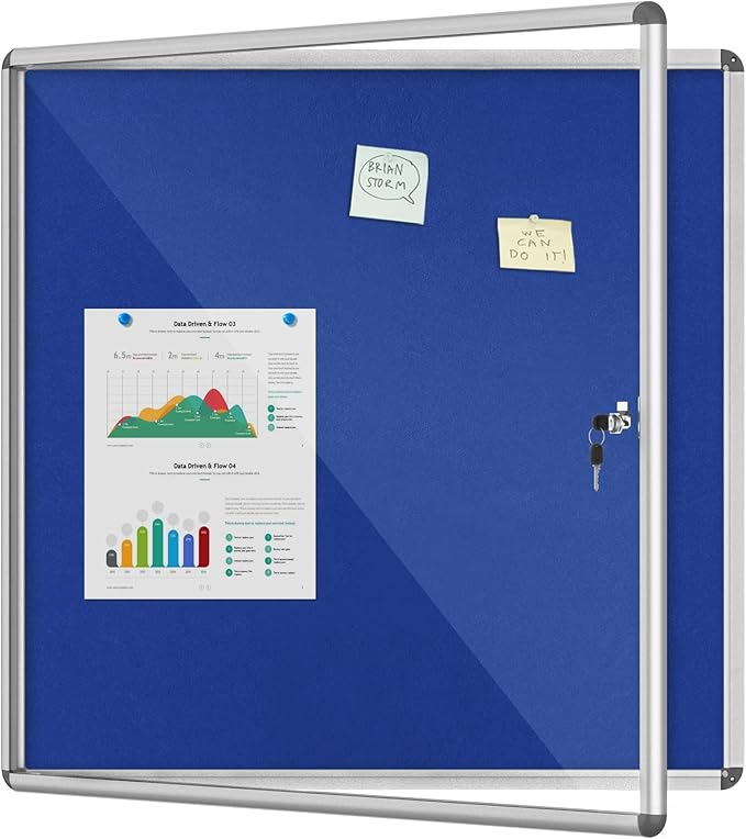 38"x38" Enclosed Bulletin Board, Lockable Weather-Resistant Aluminum Cork Noticeboard for School & Office, Silver Frame w/Blue Flet