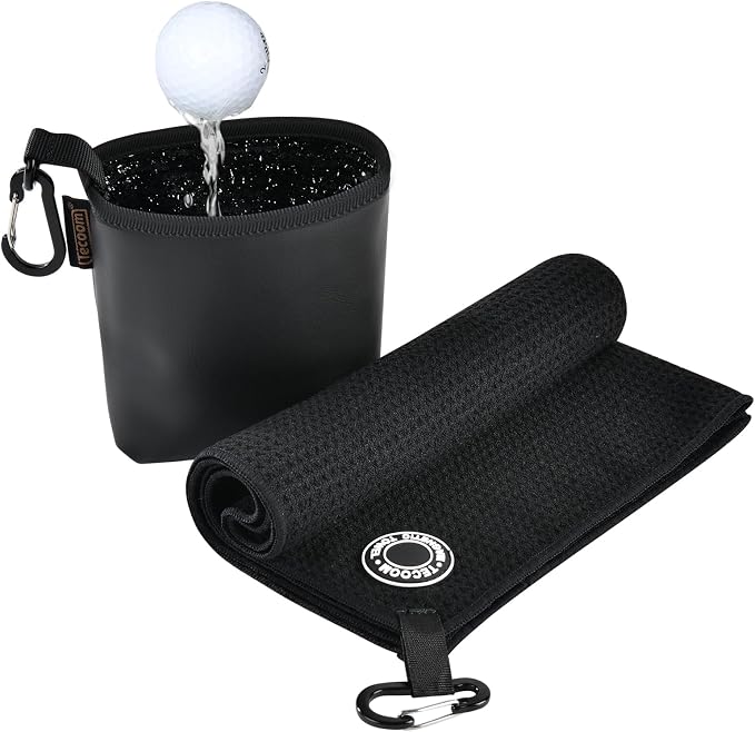 Tecoom Magnetic Golf Towel-Black, Premium Ultra Absorbent Waffle Microfiber, Golf Club and Ball Cleaning Bag with Three-Layer Waterproof Fabric Technology