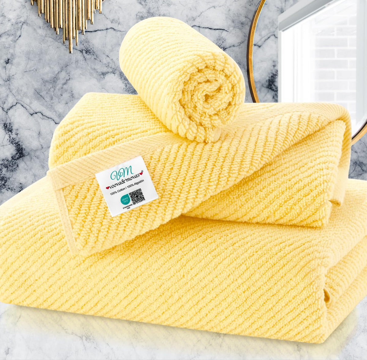 Yellow Towels for Bathroom - 100% Cotton | Quick Dry | Soft | Thick | Large, 3 Piece Towel Set, 1 Large Bath 30" x 56", 1 Hand 18" x 28", 1 Wash Cloth 13" x 13", Bathroom Essentials, Lemon Glow