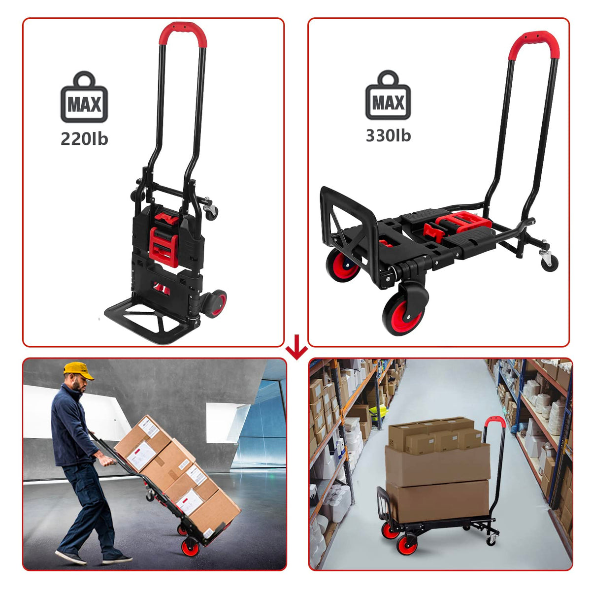 Folding Hand Truck, Portable Dolly Cart with Rubber Wheels and Retractable Handle, 2 in 1 Design 264lbs Capacity Hand Cart Foldable for Transportation/Luggage/Mobile/Travel/Office Use