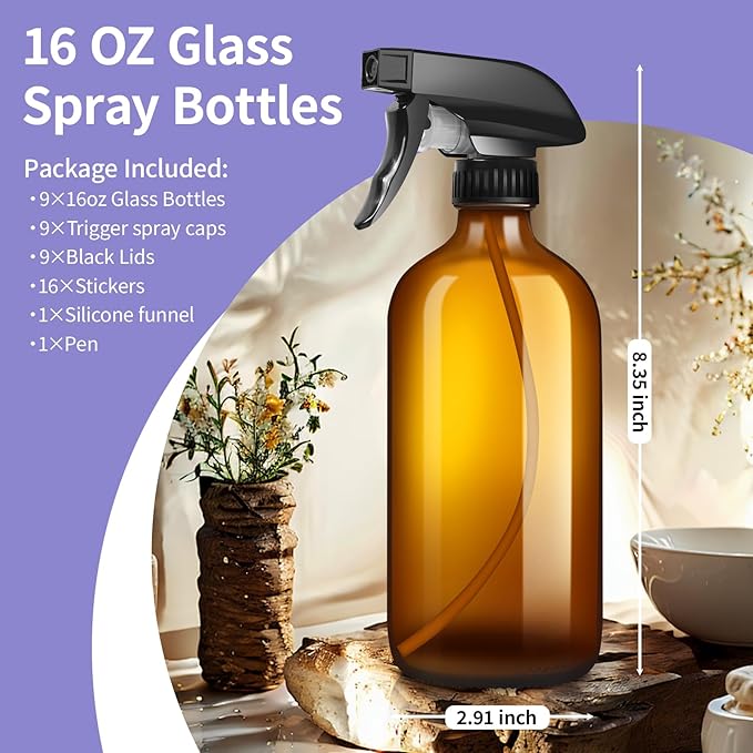 9 Pack Glass Spray Bottle 16oz, Empty Amber Spray Bottle Refillable Container for Essential Oils,Cleaning Products,Aromatherapy spray device