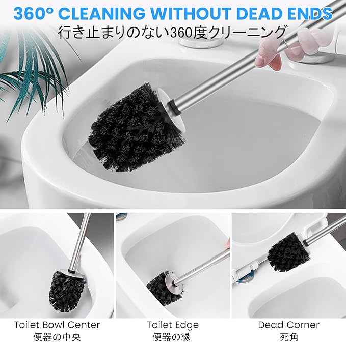 Toilet Brush and Holder Black Coated Metal Case and Stainless Steel Handle Toilet Cleaning Brush Double Layer Holder Long Brush Handle High Density Bristles Toilet Bowl Brushes
