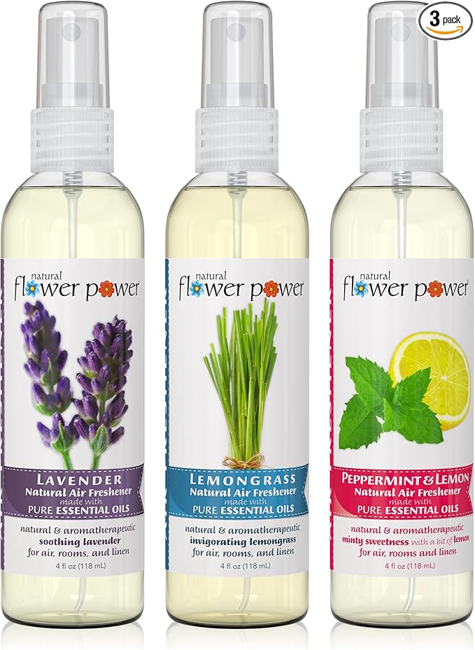 Natural Flower Power Air Freshener Spray - Odor Eliminator w/Essential Oils - Home, Car & Fabric - Cruelty Free & Vegan - Variety Pack - Lavender + Lemongrass + Peppermint & Lemon - 3 x 4 fl oz