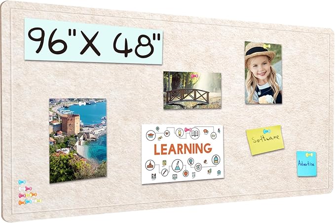 Extra Large Bulletin Board, 96 X 48 inches Cork Board with 30 Pushpin, 8' x 4' Felt Cork Board Notice Pin Board, Self-Adhesive Vision Board Mood Board Foldable Photo Board for Wall - Oatmeal