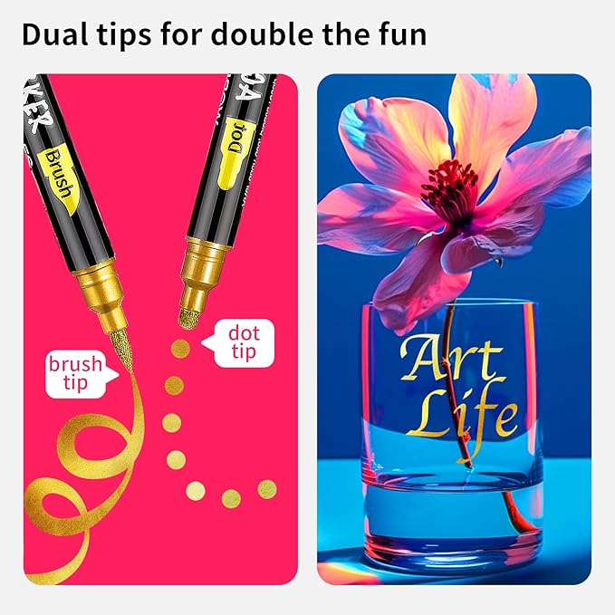 NAWOD 3 Gold Acrylic Paint Pens Markers, Dual Tip (Dot Tip + Brush Tip), for Rock Painting Fabric Canvas Glass Wood Ceramic Paper Eggs, Fabric Marker Ideal for Labeling DIY Crafts Art Projects