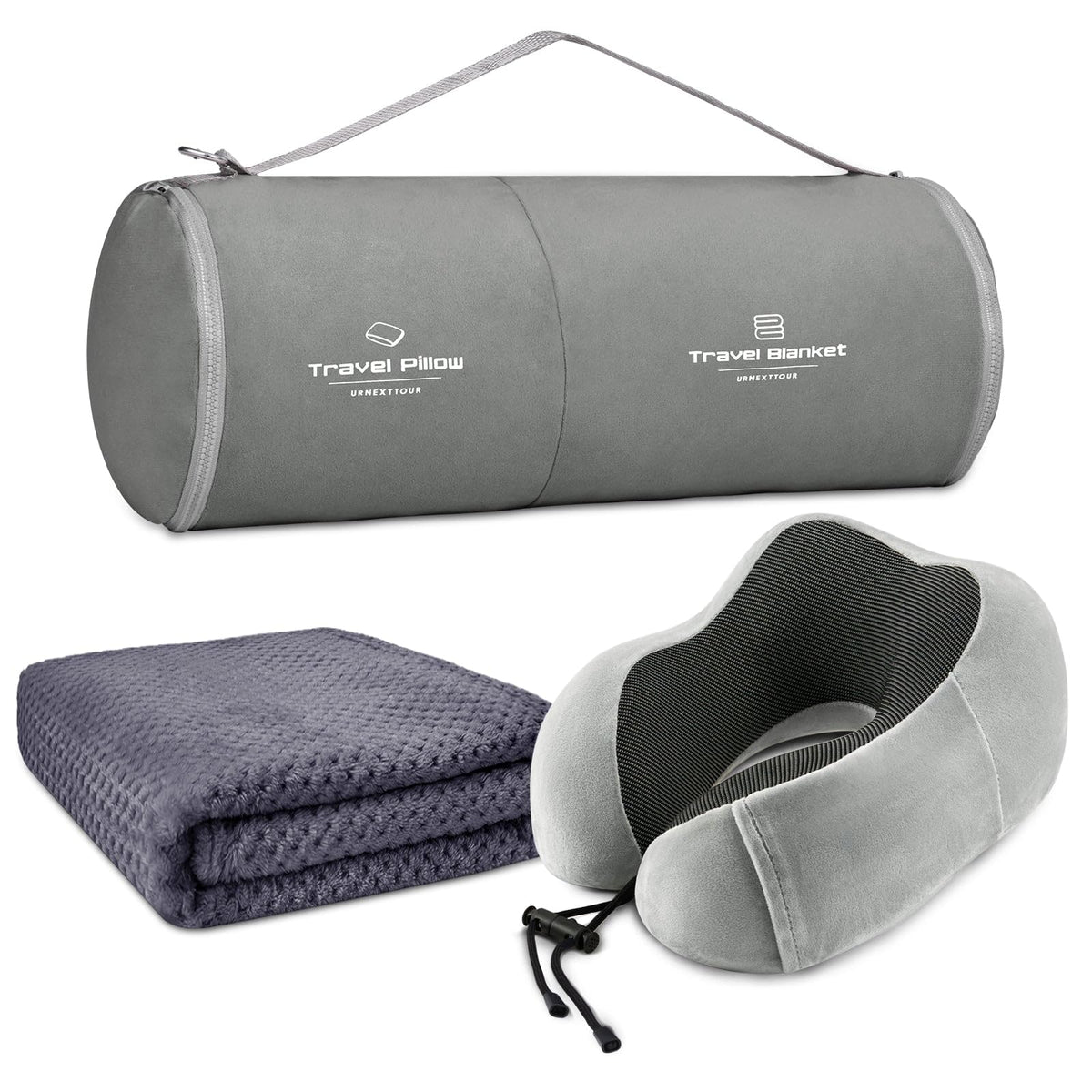 urnexttour Travel Pillow and Blanket Set Neck Pillow Airplane Memory Foam for Traveling Compact with Bag Grey