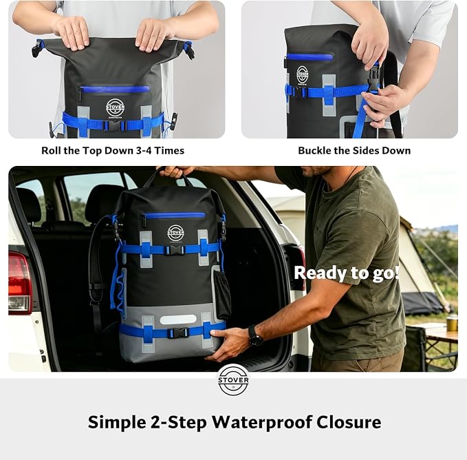 STOVER 40L Waterproof Dry Backpack & Phone Case - X-Large Floating Dry Bag for Kayaking, Travel, Hiking, Fishing, Camping, Motorcycles & Beach, Heavy-Duty Roll Top Men/Women (Black/Grey/Blue)