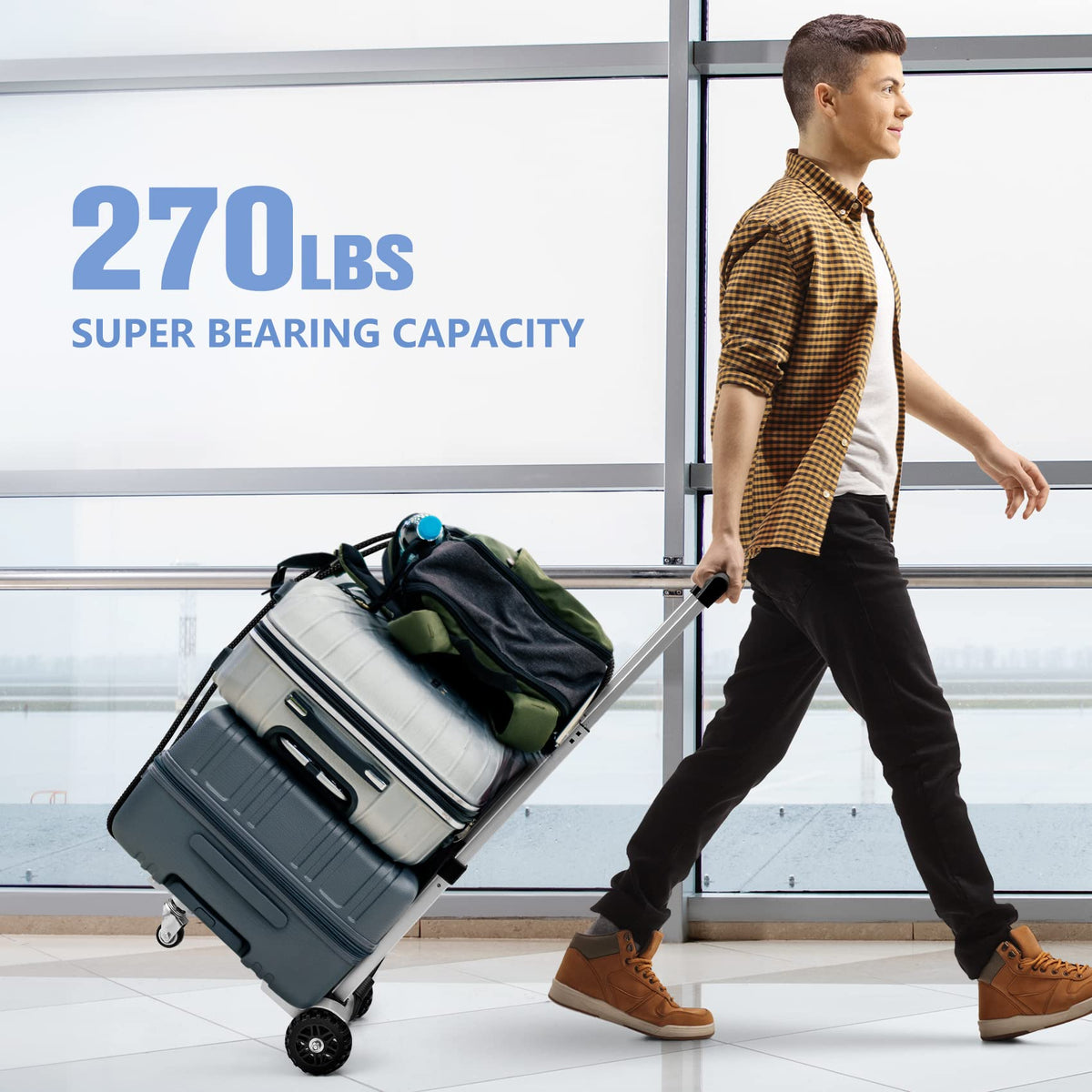 KEDSUM 270LBS Utility Luggage Cart with 4 Wheels, 100% Aluminum Hand Truck Dolly, Folding Hand Truck with Advanced Tank Wheels, Portable Dolly Cart for Luggage, Travel, Shopping, Office Use