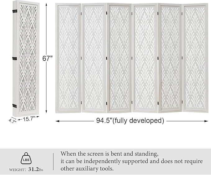 5.6Ft Room Divider Folding Wood Simple Carved Partition Screen for Home Office Garden - 6 Panels (White)
