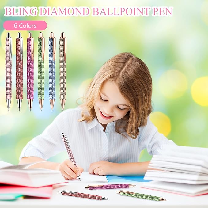 Jeyiour 6 Pcs Bling Pen Cute Diamond Wedding Rhinestones Gift Metal Ballpoint Fancy Sparkly Crystal Retractable Black Ink Pen for Women Office Birthday 0.7mm(Colorful)