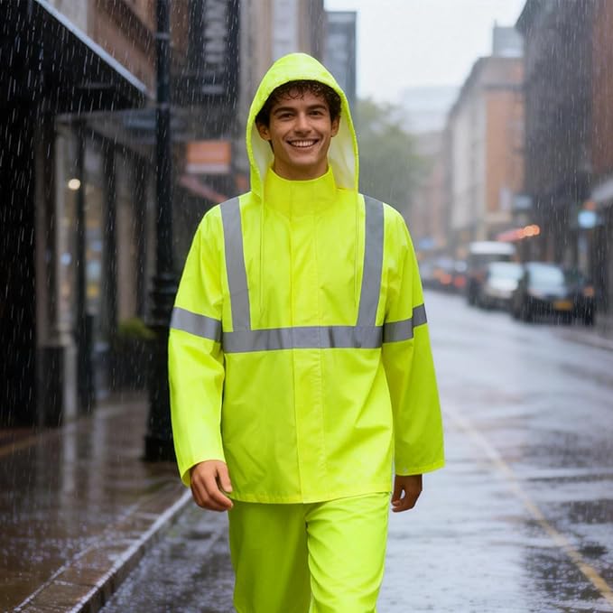 High Visibility Rain Suit, High Vis Rain Suit for Men, Waterproof Rain Jacket with Hood, Class 3 Lightweight Hi Vis Rain Gear for Outdoor & Safety Work, Men Women, Yellow T, 4XL-5XL
