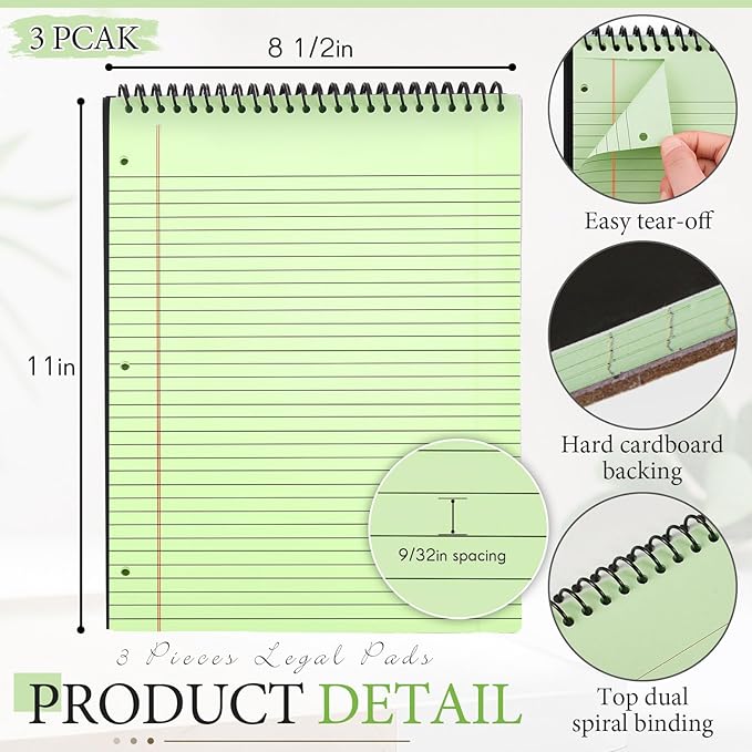3 Packs 8.5" x 11" Top Spiral Notebook with 3 Hole Punched Legal Pads College Ruled Notepad 50 Sheets Hard Cardboard Paper Wirebound Notepad for Office School Business (Green)