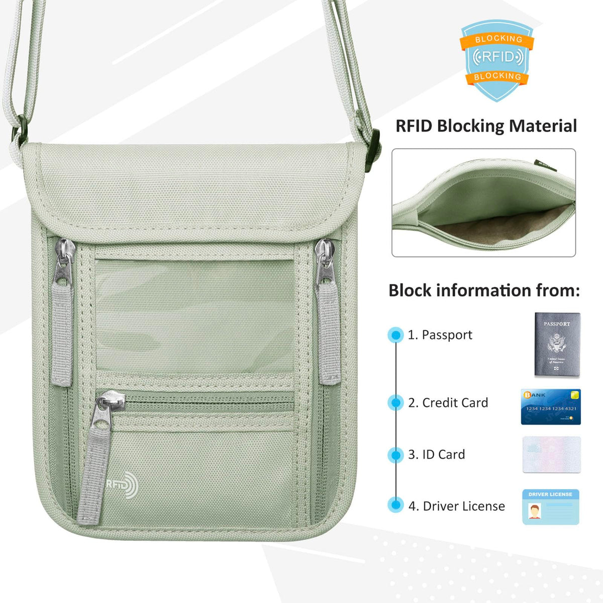 WALNEW Passport Holder Neck Pouch Travel Wallet for Women and Men, RFID Blocking Security Slim Traveling Wallet with Around Neck Lanyard Strap, Light Green