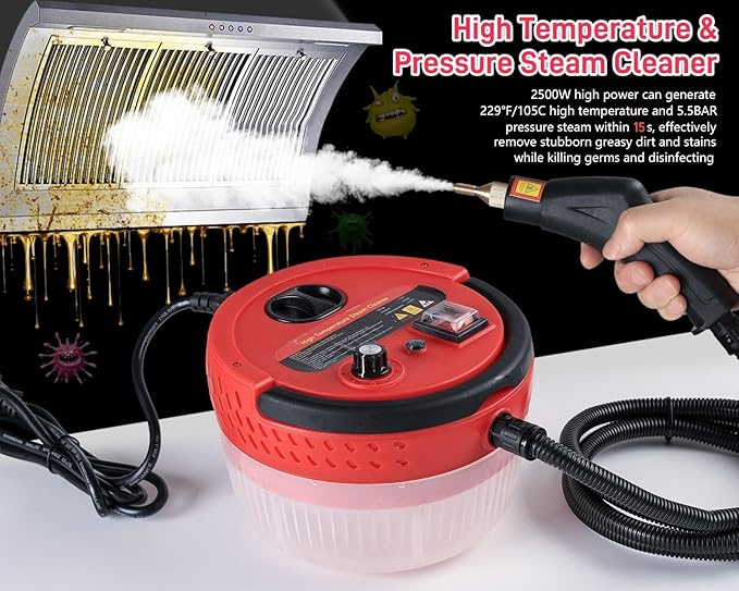 Handheld Steam Cleaner 2500W Powerful Steamer for Cleaning Home Upholstery Car and More, 15s Heat-Up, Portable Steam Cleaner for Deep & Multi-Surface Cleaning (Red)