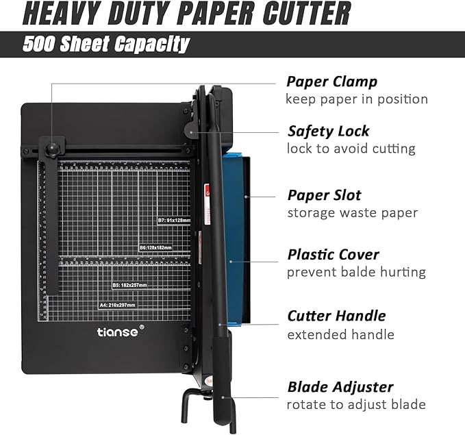 TIANSE Heavy Duty Guillotine Paper Cutter A4 12" Guillotine Paper Cutter 500 Sheet Capacity Solid Steel Construction with Double Safety Protection Perfect for Trimming Paper Cardstock Matboard Black