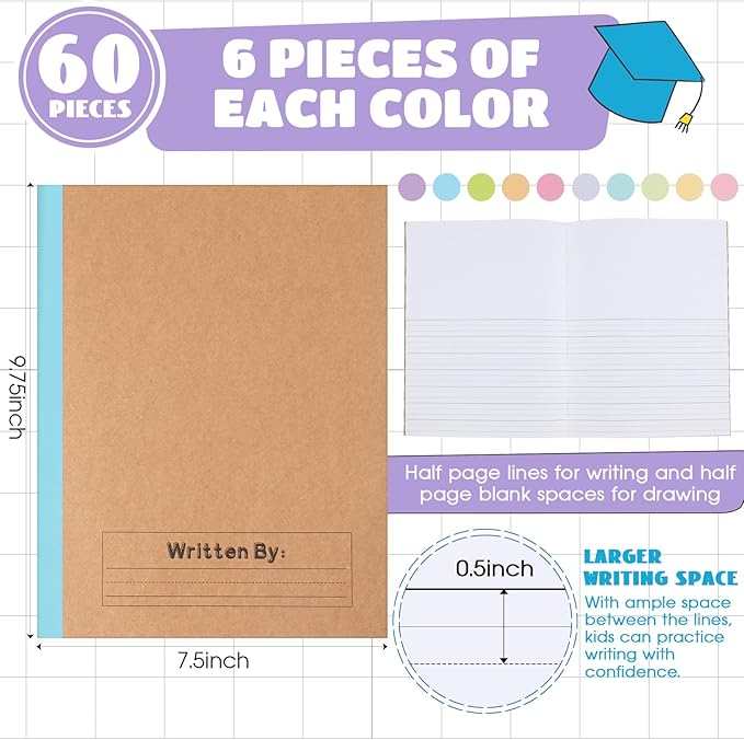 Henoyso 60 Pcs Primary Composition Notebook 9 3/4 x 7 1/2 Inch Kids Journal, Back to School Supplies, K-2 Primary Writing Notebook for Kids Student Draw and Write Story Journal (Macaron Color)