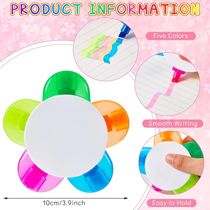 Outus 18 Pieces Petals Highlighters Assorted Colors Back to School Flower Shape Watercolor Highlighter Pens 5-in-1 Fluorescent Pens for Office School Stationery Aesthetic Supplies,5 Colors
