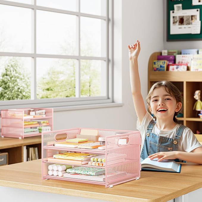 Subekyu 2-Pack 3-Tier Pink Metal Mesh Desk Paper Letter Tray & File Sorter Organizer with Handle + 1 Sliding Tray for Desk, Home, Office, School Supplies, A4 Paper and Accessories Storage