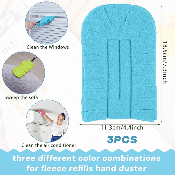 Zubebe 3 Pcs Duster Refill Reusable Fleece Duster Refills Feather Flat Dusters Multi Surface Washable Cleaning Pads Tools for Home, Blinds, Car, Pet, Furniture, Fans (Blue,Green,Gray)