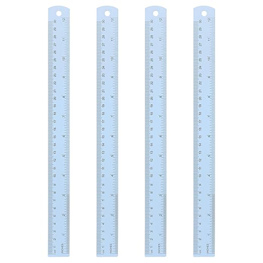 HARFINGTON 4pcs Metal Straight Ruler 30cm Metric SAE Aluminum Alloy Measuring Rulers Scale Tool with Hole for Measure Study Reading Classroom Office, Light Blue