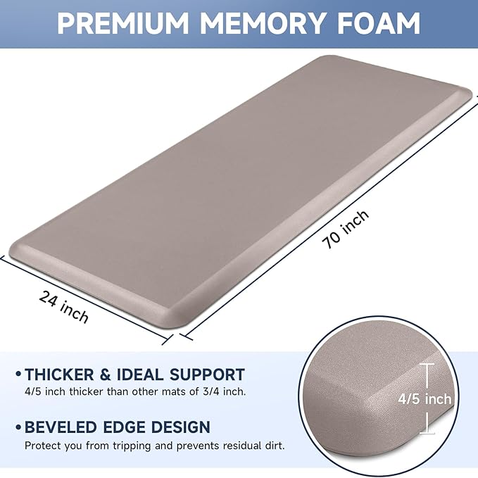 4/5 Inch Thick Kitchen Mats for Floor, StepRite Kitchen Rug for Standing Desk, Non-Slip, Thicker, Stain Resistant, Waterproof, Comfort Anti Fatigue Floor Mat for Home, Kitchen, Office - Khaki,70*24''