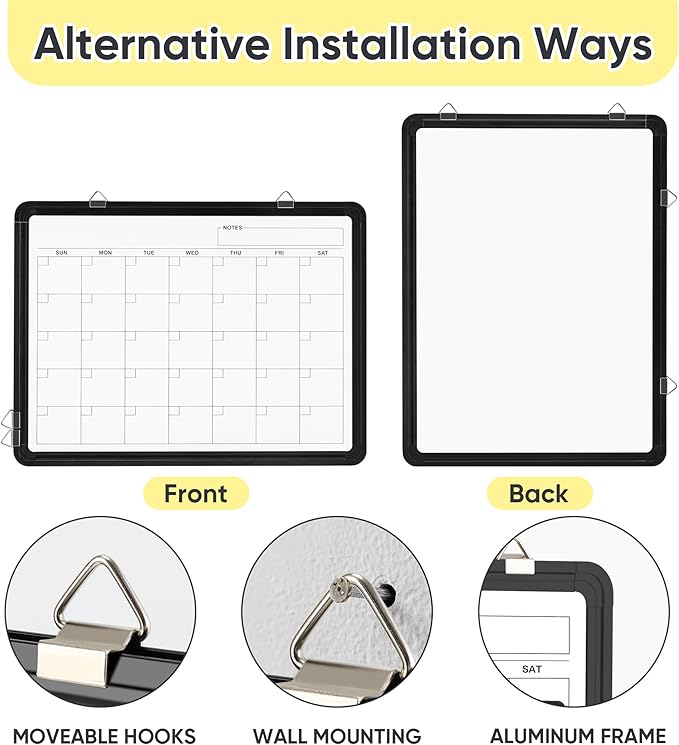 VUSIGN Monthly Dry Erase Calendar Whiteboard for Wall, 16" X 12" Double-Sided Board, Hanging Whiteboard Dry Erase for Office, Desk, Kitchen, Dorm, Black