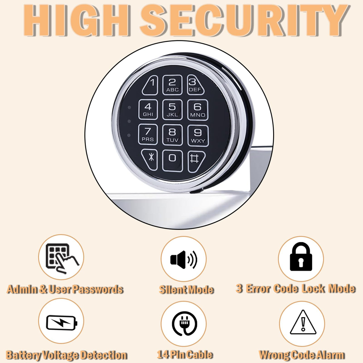 Gun Safe Replacement Lock Chrome Digital Keypad Electronic Lock, Solenoid Safe Lock Mechanism, 14 Pin DIY Safe Lock
