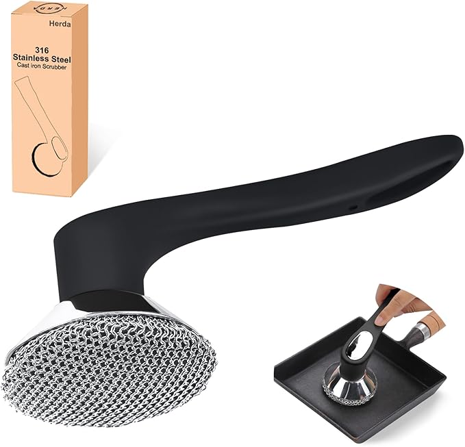 Cast Iron Cleaner Scrubber with Long Handle- Welded Fine Chain Mail Scrubber Cleaning Kit- Metal Brush Chainmail Scrubbing Sponge to Clean Skillet, Dishes, Griddle, Wok, Dutch Oven Scrub