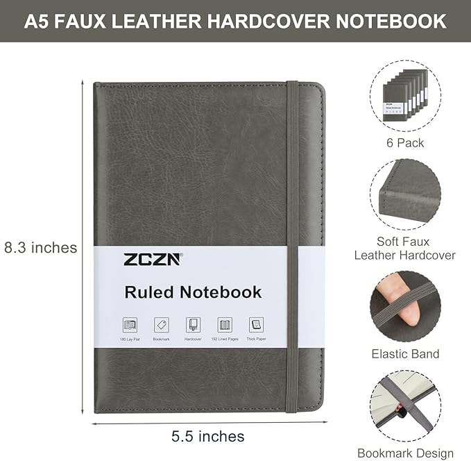 ZCZN 6 Pack Lined Journal Notebooks, 192 Pages A5 Hardcover Leather Journals for Work,Writing,School & Travel, College Ruled Journaling Notebooks for Notes Taking,Diary Notepad (Light Green*6)