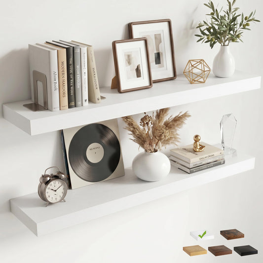 FLYJOE Floating Shelves for Wall, 40 Inch Floating Shelves Set of 2, 8" D Wooden Wall Mounted Display Shelves with Invisible Brackets for Living Room, Bedroom, Bathroom, Kitchen Decor, White