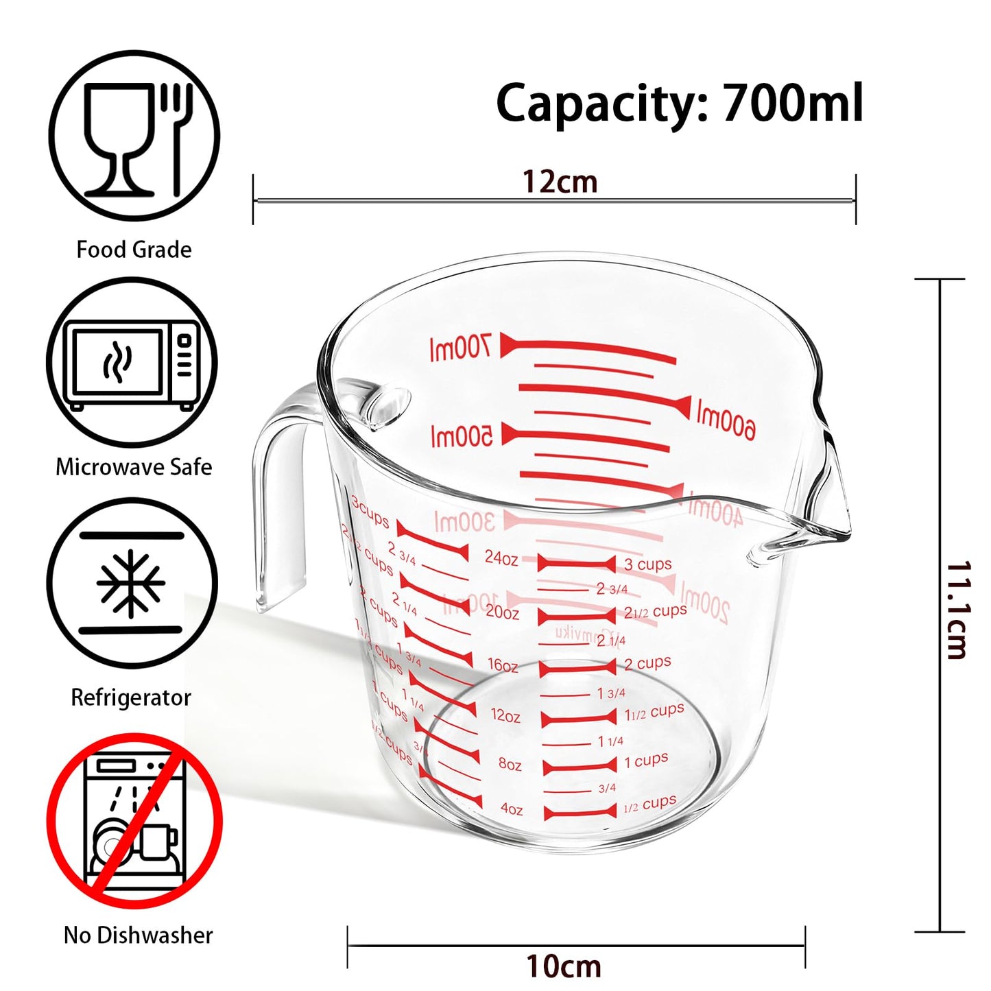 BCnmviku Glass Measuring Cups High Borosilicate [Insulated Handle | 24OZ 3CUP 700ml V-Shaped Spout]For Prepping Baking and Cooking Preheated Oven Dishwasher Freezer and Microwave Safe