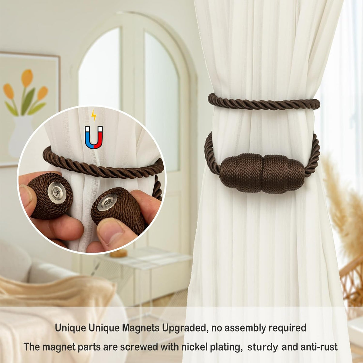 Magnetic Curtain Tiebacks Rope Curtain Tie Backs for Curtains 8 Pack Curtain Holders for Drapes Decorative Window Curtain Holdbacks, Coffee