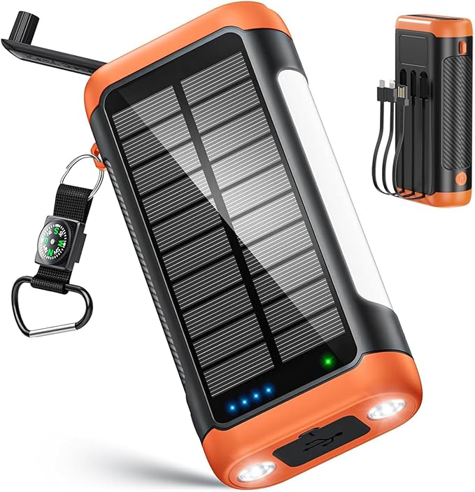 DJKK Solar Power Bank Portable Charger:66800mAh Built in Hand Crank and 3 Cables 22.5W Fast Charging Phone External Battery Pack(5 Outputs & 5 Inputs) with Camping Flashlights/Table Lamp/Compass
