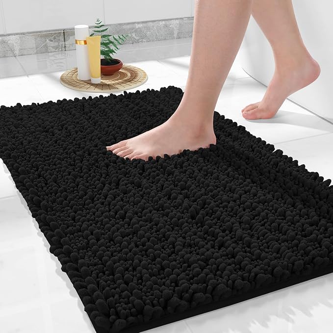 Yimobra Bathroom Rugs Non Slip Washable 24x17 Inch - Ultra Soft Absorbent Chenille Bath Mat, Quick Dry Shaggy Floor Carpet for Tub Shower, Black Home Decor Accessories