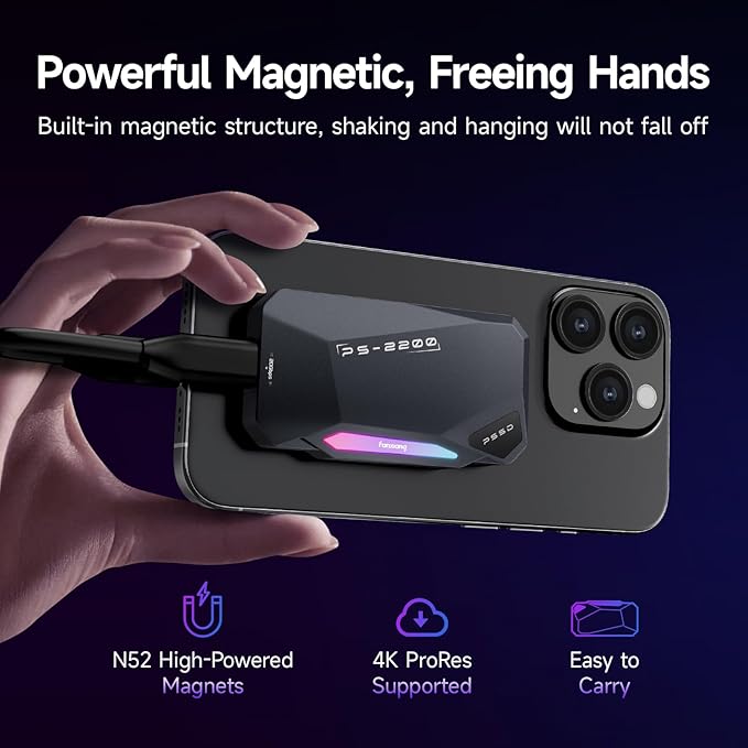 1TB Magnetic Portable SSD,2050MB/s Type-C USB 3.2 Gen 2x2 External SSD,4K ProRes Record and Store,Aluminum alloy,RGB Touch Lighting,External Solid State Drives for iPhone15/16/Android/PC/Mac -PS2200