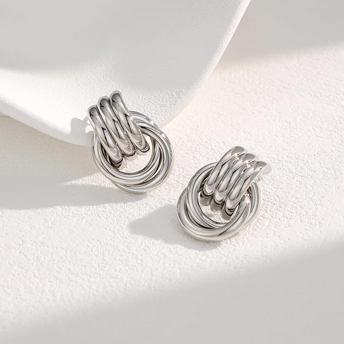 Silver Chunky Knot Earrings Geometric Drop Dangle Trendy Earrings Studs for Women_M Size