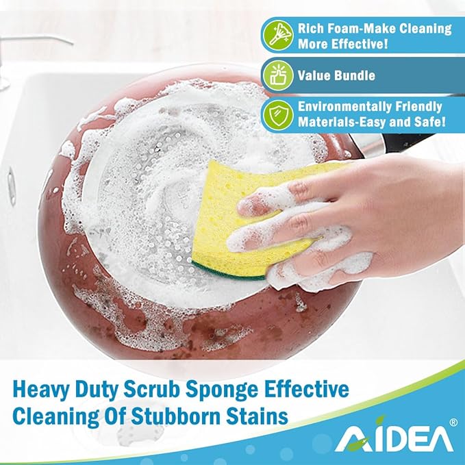 AIDEA Sponges Kitchen, 9Count, Dish Sponges, Heavy-Duty Sponge for Non-Coated Cookware, Scrubbing Power for Tough Messes, Cleaning Sponge for Kitchen, Bathroom, Household