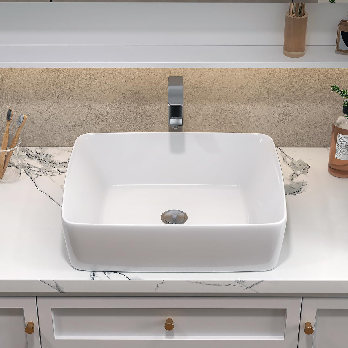Sinber BVS1915A-OL 19" x 15" x 5.31" White Rectangular Ceramic Countertop Bathroom Vanity Vessel Sink
