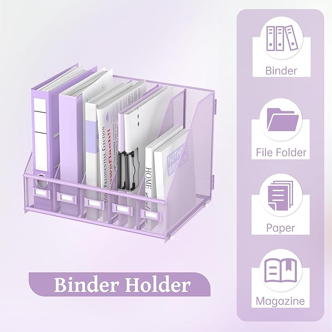 SUPEASY Desk Organizers Metal Desk Magazine File Holder with 5 Vertical Compartments Rack File Organizer for Office Desktop, Home Workspace, Purple Plus
