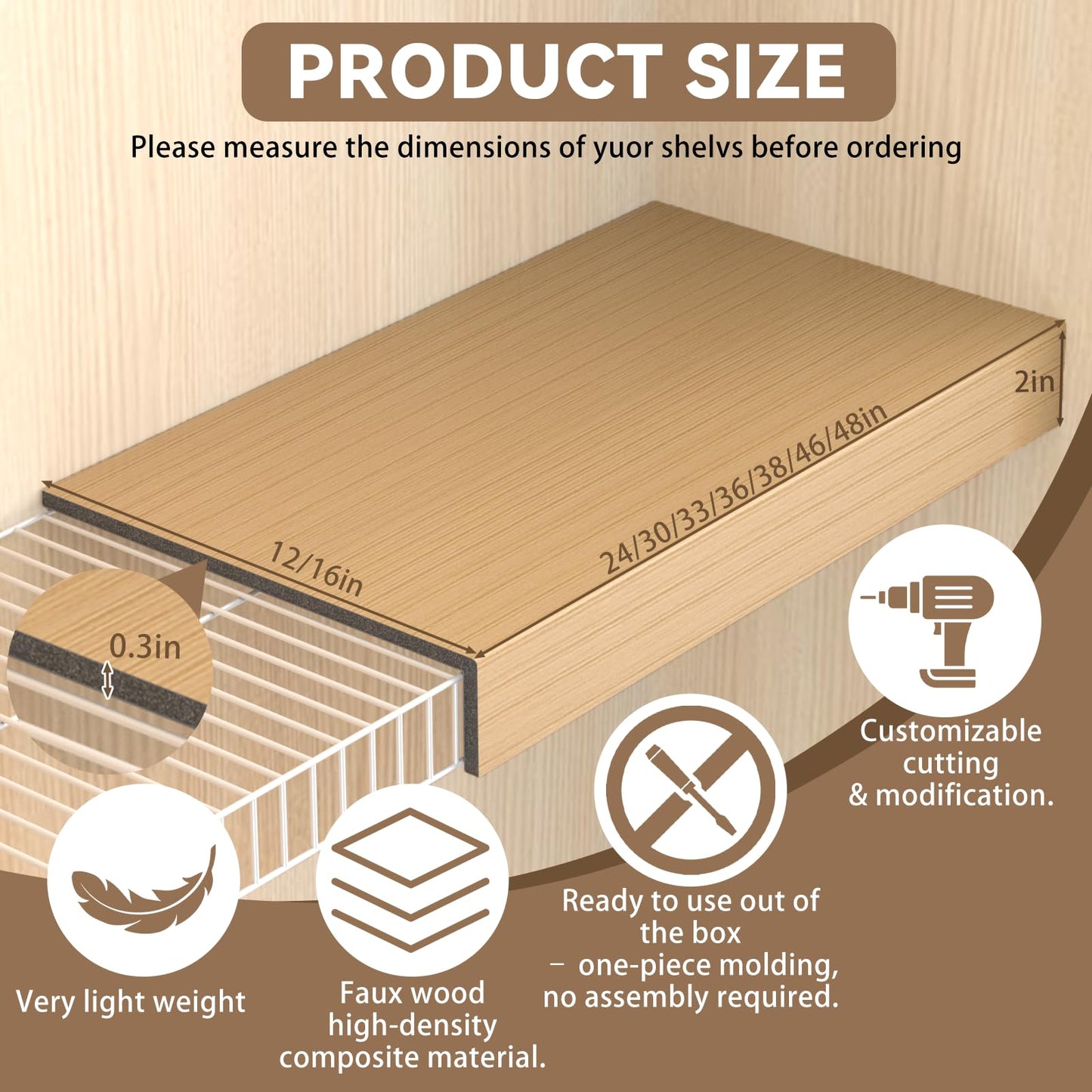 Gideio 5 Pack 30x16in Wire Shelf Cover for Pantry, Closet, Kitchen – Waterproof PVC Wood-Look Wire Rack Covers for Shelves, Multiple No-Tool Installation
