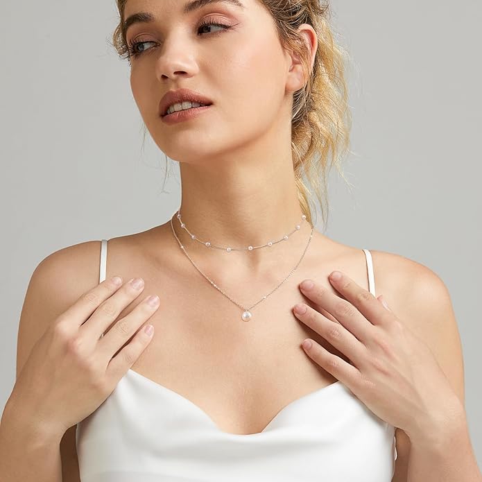 Zeffy Gold Pearl Necklace for Women, Dainty 14K Gold/Silve Plated Layered Pearl Choker Pearl Earrings Pearl Bracelets Wedding Trendy Gold Jewelry Set for Women Gifts